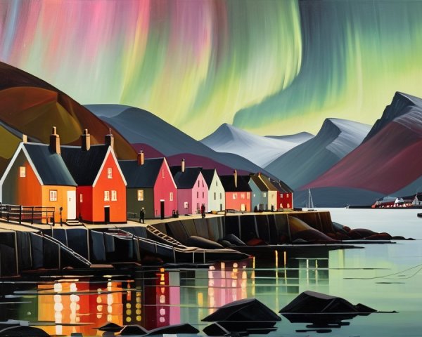 Vibrant Village Scene by a Serene Fjord and Aurora