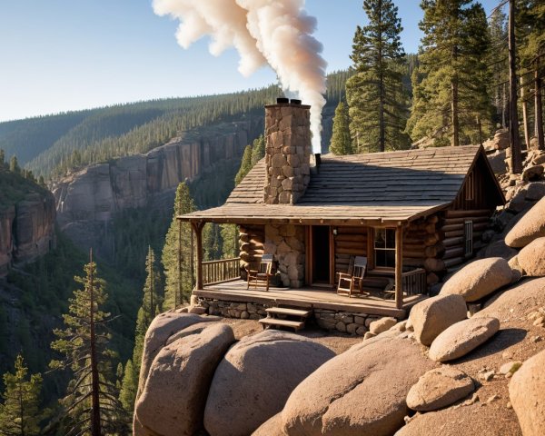 Log Cabin on Rocky Ledge Surrounded by Pines