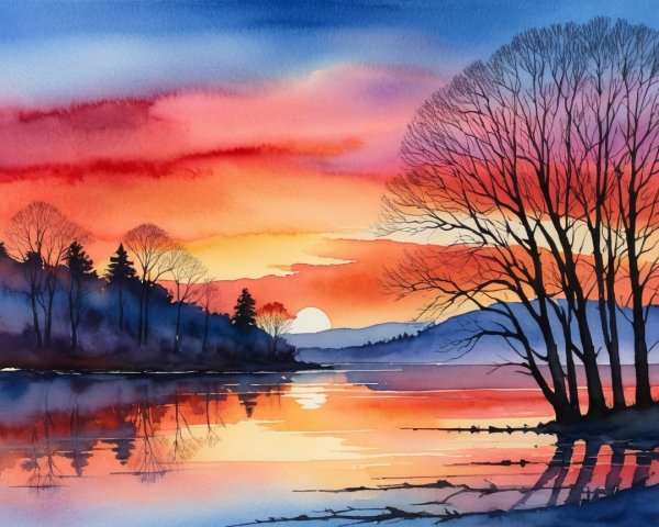 Serene Sunset Over Tranquil Lake Landscape
