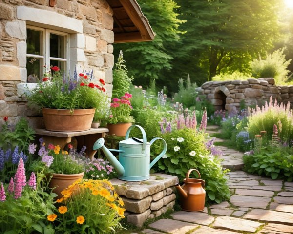 Charming Garden Scene with Stone Cottage and Flowers