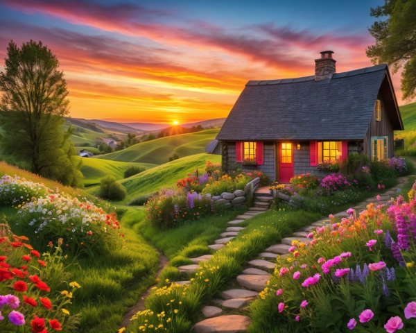 Charming Cottage in a Vibrant Flower Landscape