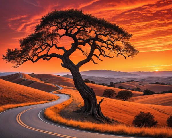Winding Road Through Golden Hills at Sunset