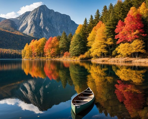 Autumn Lake Reflection with Canoe and Mountains
