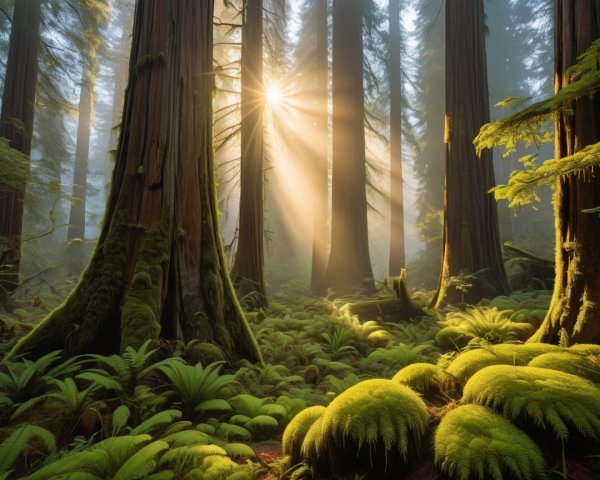 Ancient Forest with Sunbeams and Lush Greenery