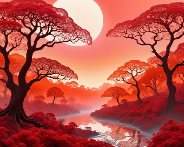 Surreal Landscape with Twisted Trees and River