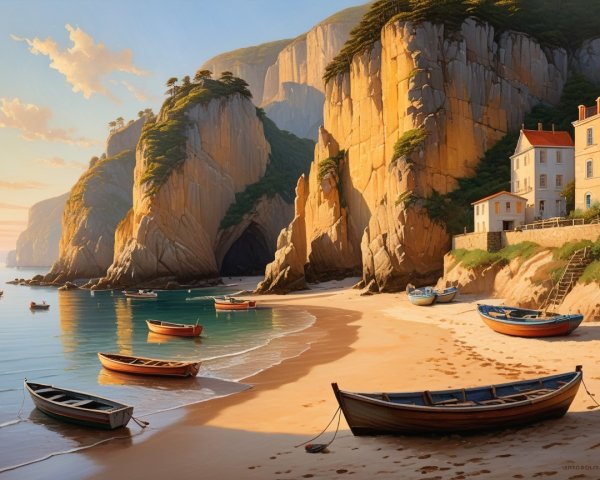 Serene Coastal Scene with Sandy Beach and Cliffs