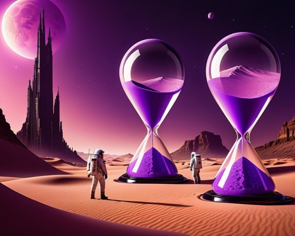 Surreal Desert Landscape with Giant Hourglasses and Astronauts