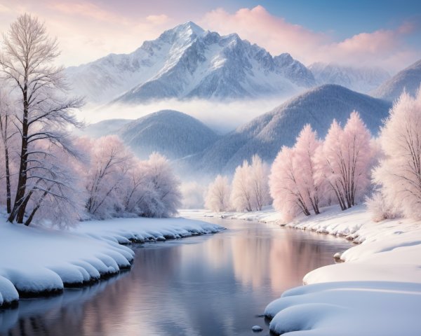 Serene Winter Landscape with River and Mountains