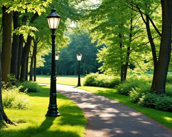 Serene Pathway in Lush Green Park with Lamp Posts