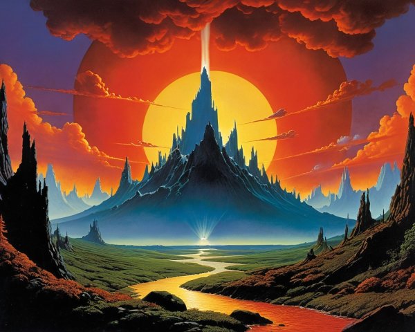 Vibrant Landscape with Black Mountain and Orange Sun