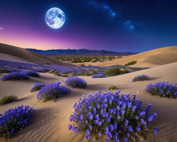 Fantasy Desert Night Scene with Glowing Moon and Flowers