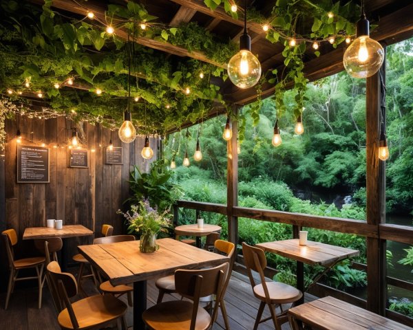 Cozy Dining Area with Wooden Furniture and Greenery