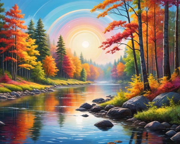 Tranquil River Surrounded by Vibrant Autumn Foliage