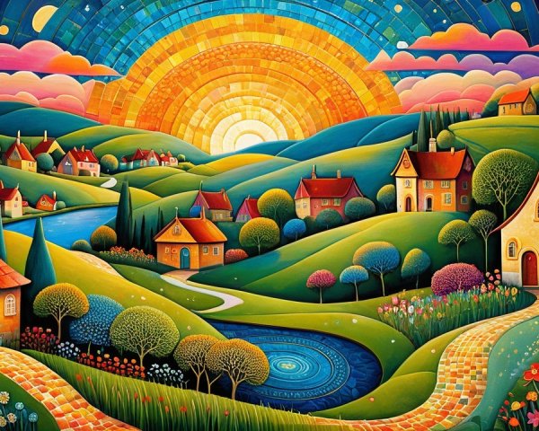 Vibrant Landscape with Hills, Homes, and Sunrise River