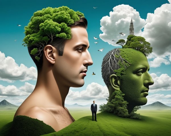 Human Heads Reflecting Nature and Ecosystem Elements