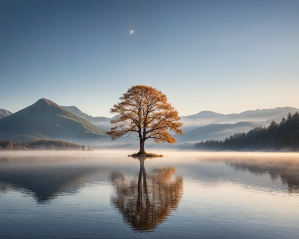 Solitary Tree on Island in Serene Lake at Dawn
