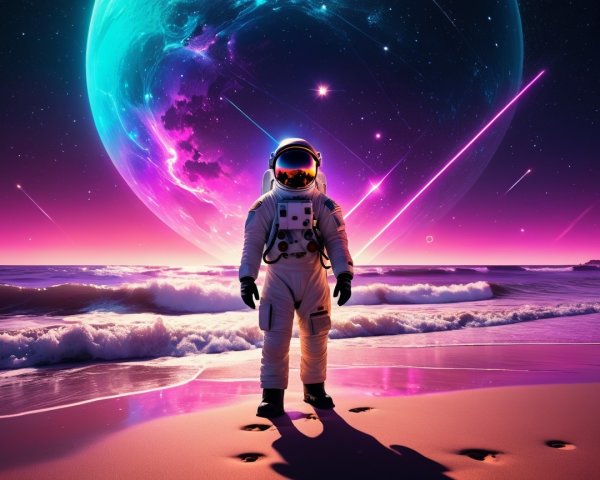 Astronaut on Beach with Cosmic Landscape and Galaxies