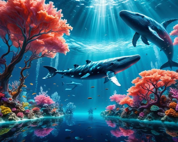 Underwater Scene with Blue Whales and Coral Reef