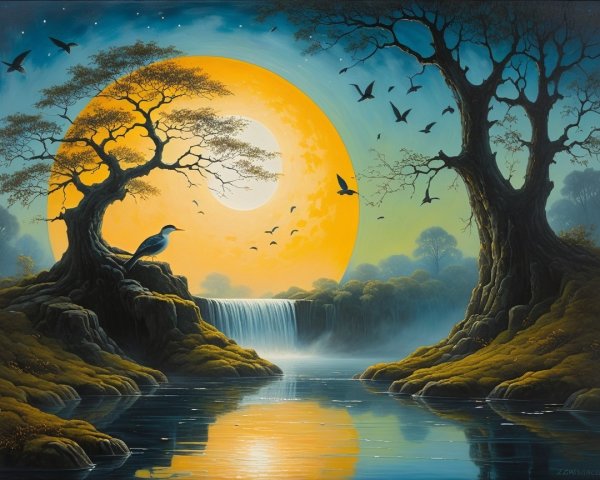 Serene Landscape with Moonlit River and Waterfall
