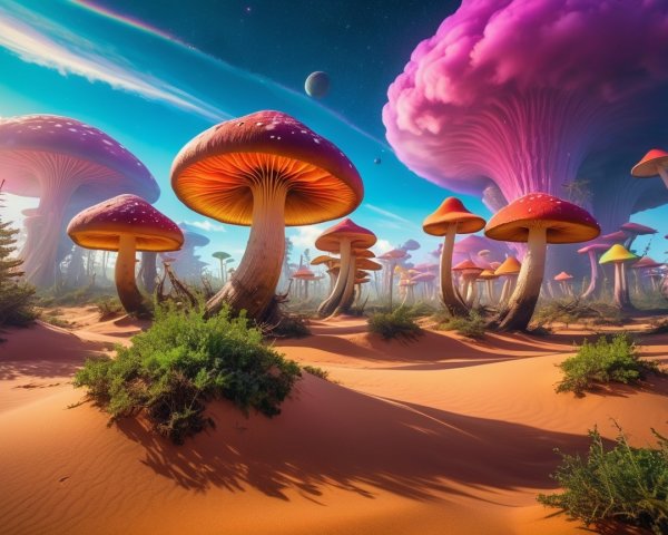 Fantastical Desert Landscape with Colorful Mushrooms