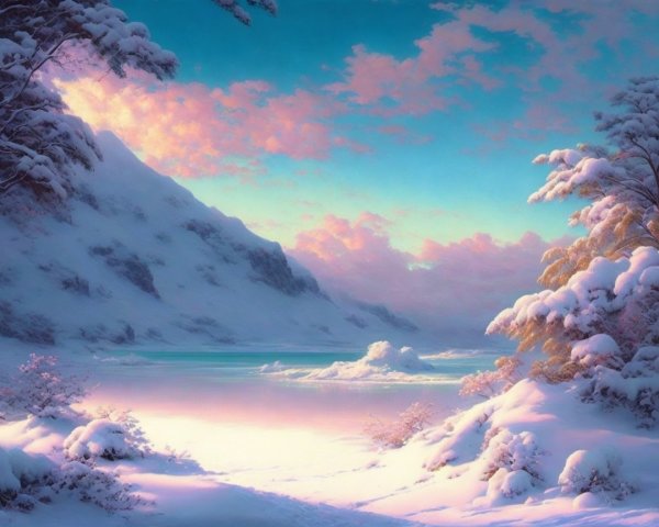 Serene Winter Landscape with Snow-Covered Hills