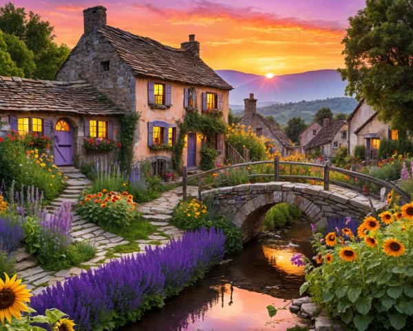 Picturesque Village Scene at Sunset with Cottages