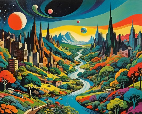 Surreal Colorful Landscape with Mountains and Cities