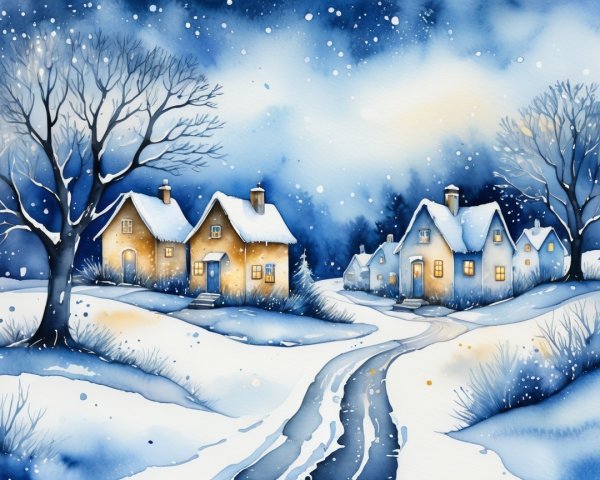 Winter Village Watercolor with Snowy Landscape and Light