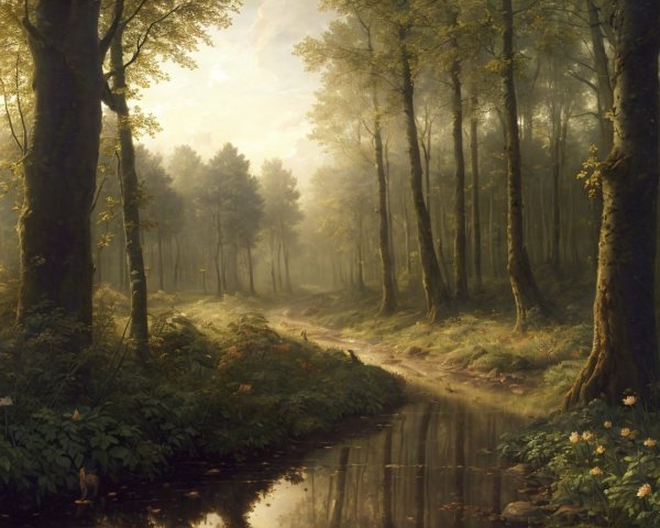 Serene Forest Landscape with Golden Light and Stream