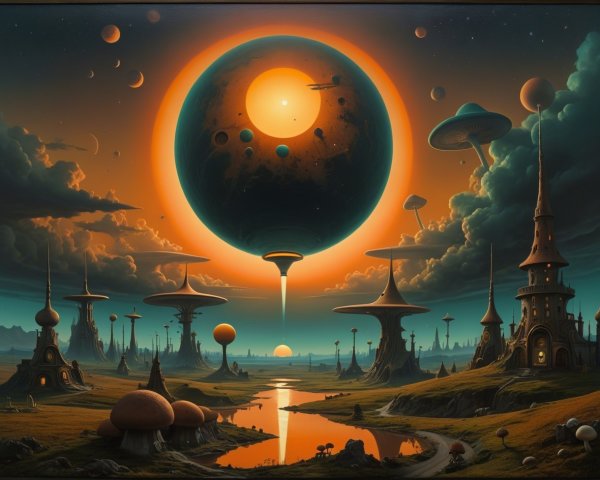 Surreal Alien Landscape with Glowing Orange Sky