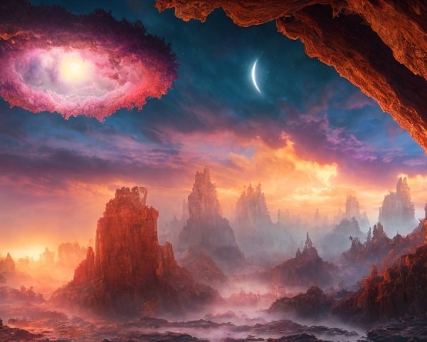 Surreal Cavern Landscape with Cosmic Elements