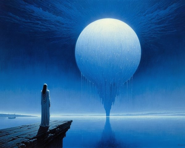 Serene figure on pier gazing at luminous sphere