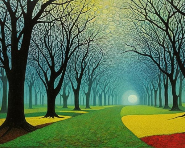 Vibrant Landscape with Winding Path and Bright Orb