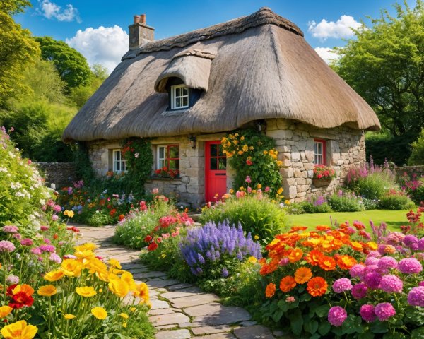 Thatched-Roof Cottage Surrounded by Colorful Garden