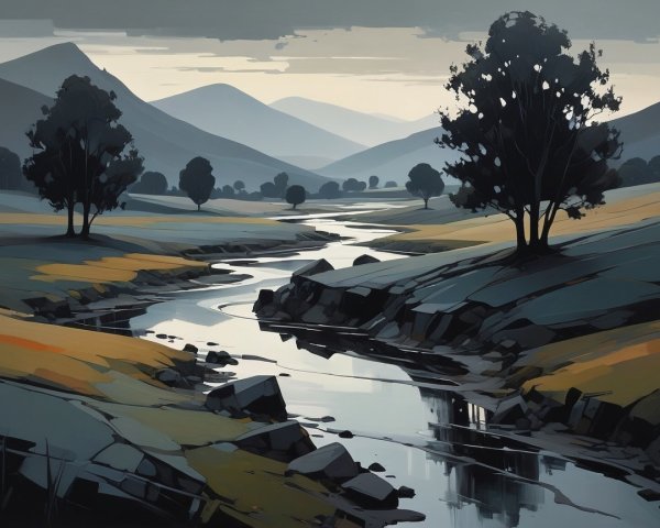 Serene Landscape with Winding River and Mountains