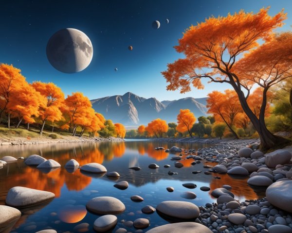 Tranquil River and Vibrant Trees Under Starry Sky