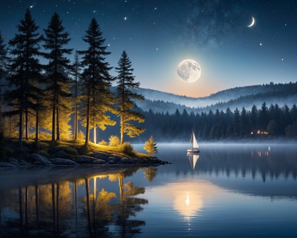 Twilight Lakeside Scene with Full Moon and Mist