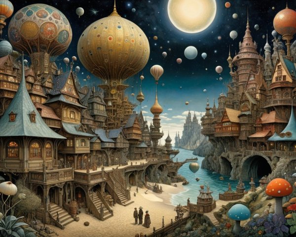 Whimsical Landscape with Colorful Architecture and Balloons