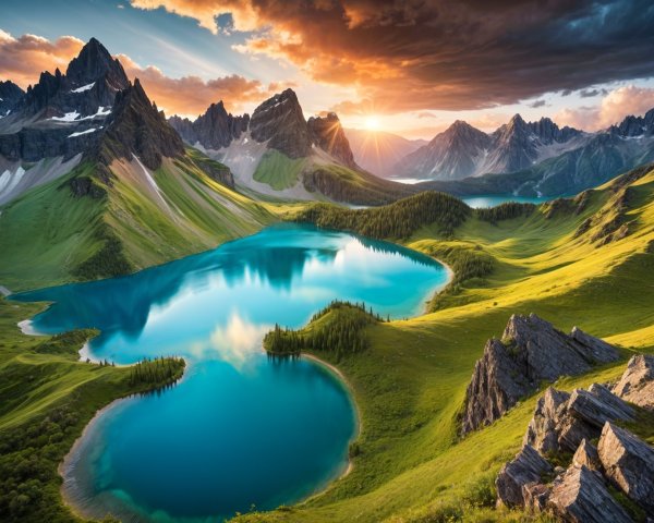 Serene Turquoise Lake Surrounded by Mountains and Meadows