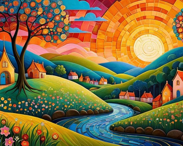Vibrant Landscape with Colorful Flowers and Hills
