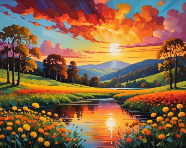 Vibrant Sunset Landscape with Reflective River