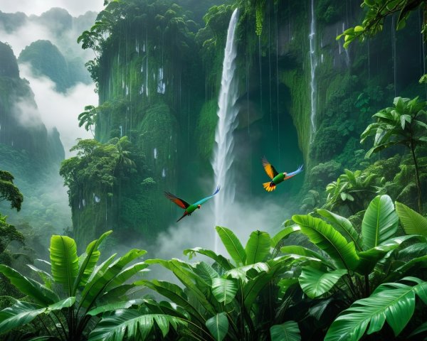 Vibrant Parrots Flying Over Lush Jungle Waterfalls