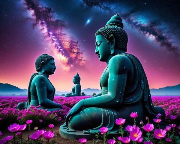 Teal Buddha Statues in Flower Field Under Starry Sky