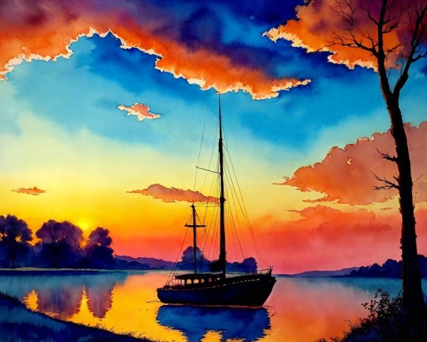 Tranquil Sunset Over a Serene Lake with Sailboat
