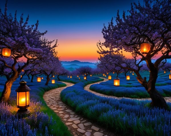 Twilight Landscape with Lavender Fields and Lanterns