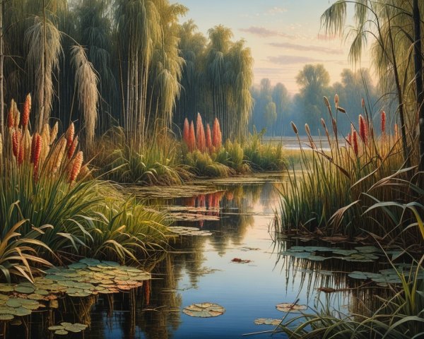 Serene Landscape with Tranquil Waterway and Flora