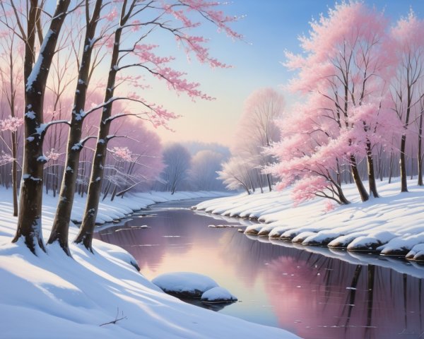 Winter Landscape with River and Cherry Blossoms