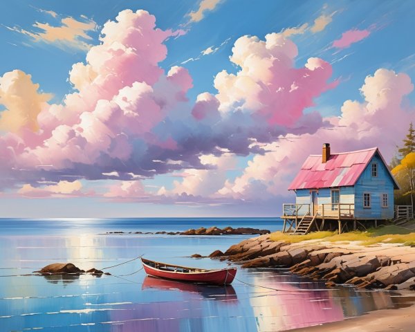 Coastal Scene with Blue House and Red Boat