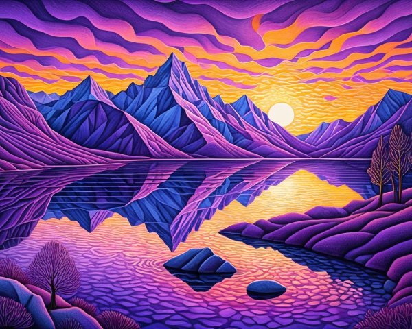 Vibrant Landscape with Purple Mountains and Sunset Sky
