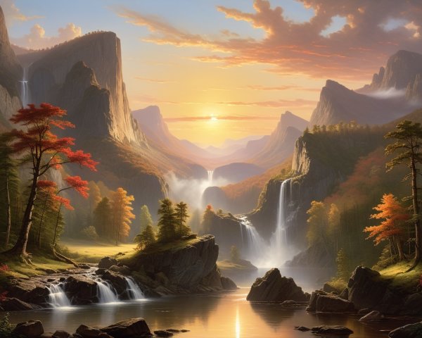 Sunset Landscape with Mountains and Waterfalls